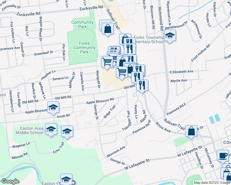 map of restaurants, bars, coffee shops, grocery stores, and more near 427 Apple Blossom Road in Easton