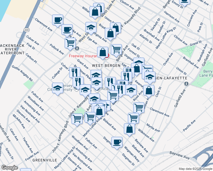 map of restaurants, bars, coffee shops, grocery stores, and more near 232 Bergen Avenue in Jersey City