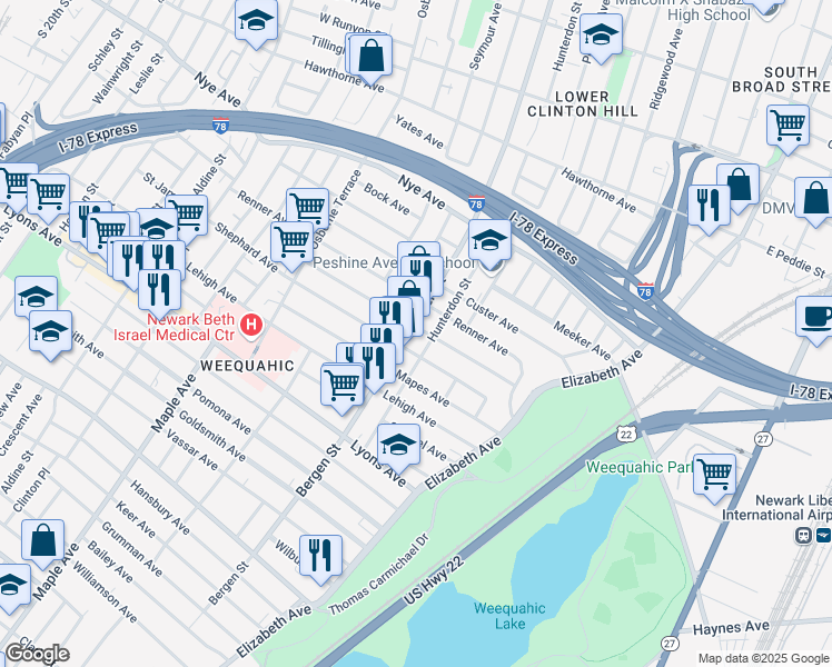 map of restaurants, bars, coffee shops, grocery stores, and more near 996 Bergen Street in Newark