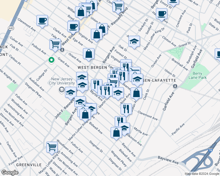 map of restaurants, bars, coffee shops, grocery stores, and more near 170 Claremont Avenue in Jersey City