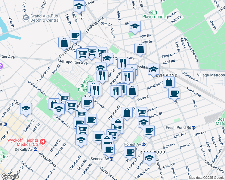 map of restaurants, bars, coffee shops, grocery stores, and more near 483 Grandview Avenue in Queens