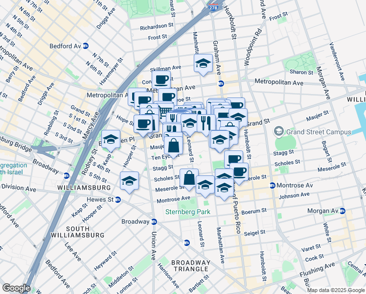 map of restaurants, bars, coffee shops, grocery stores, and more near 176 Leonard Street in Brooklyn