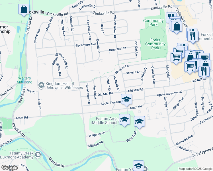 map of restaurants, bars, coffee shops, grocery stores, and more near 1312 Baurkot Drive in Easton