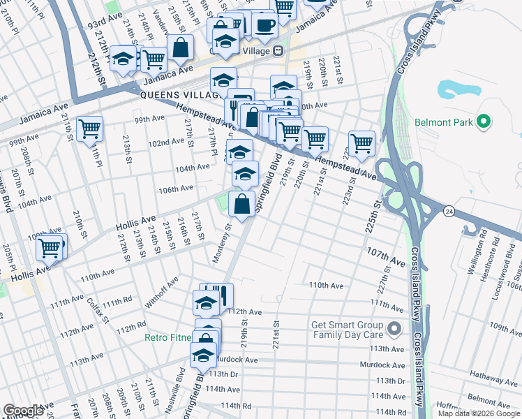 map of restaurants, bars, coffee shops, grocery stores, and more near 104-71 Springfield Boulevard in Queens