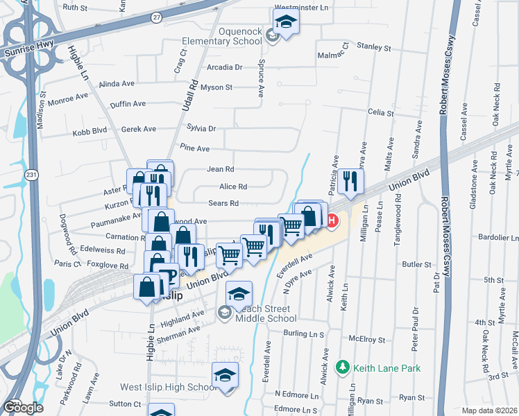 map of restaurants, bars, coffee shops, grocery stores, and more near 186 Sears Road in West Islip