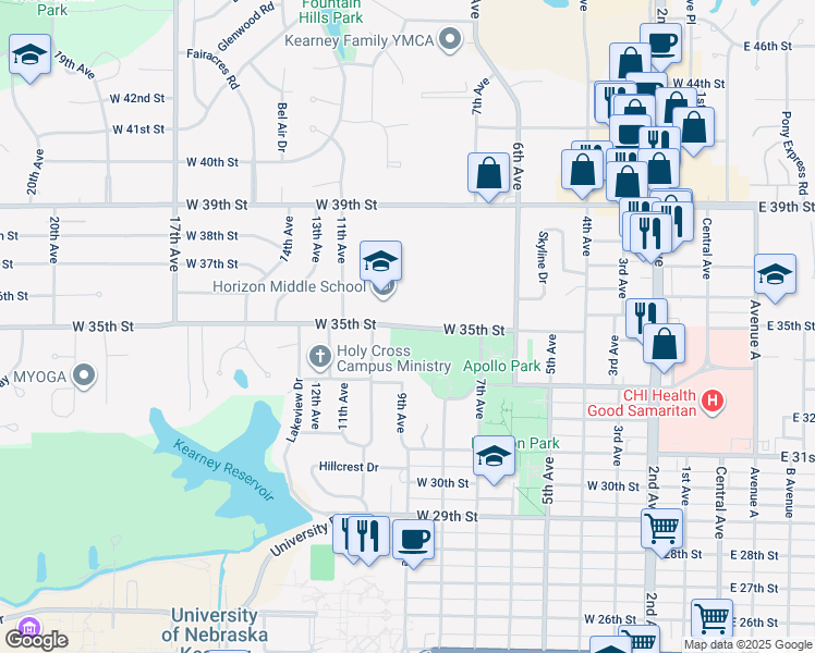 map of restaurants, bars, coffee shops, grocery stores, and more near 915 West 35th Street in Kearney