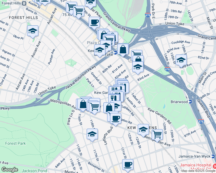 map of restaurants, bars, coffee shops, grocery stores, and more near 82-01 Grenfell Street in Queens