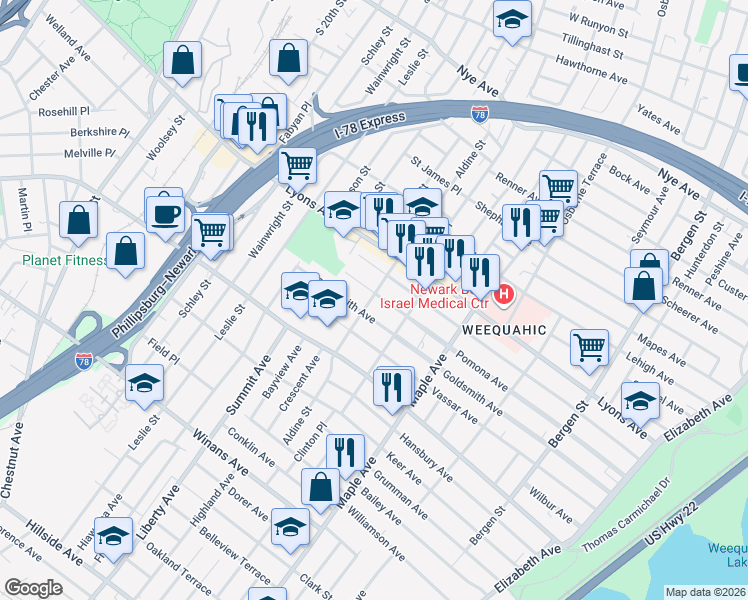 map of restaurants, bars, coffee shops, grocery stores, and more near 279 Goldsmith Avenue in Newark