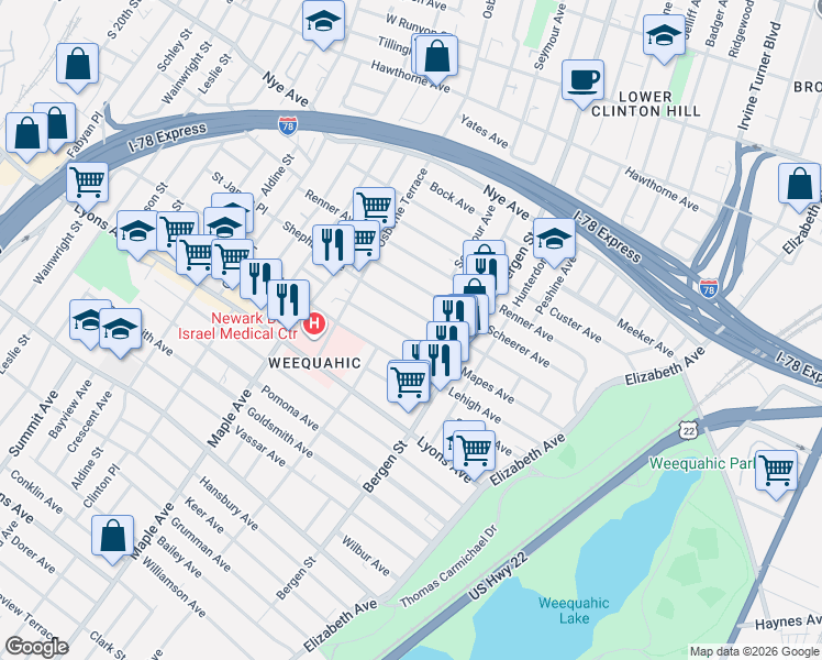 map of restaurants, bars, coffee shops, grocery stores, and more near 123 Mapes Avenue in Newark