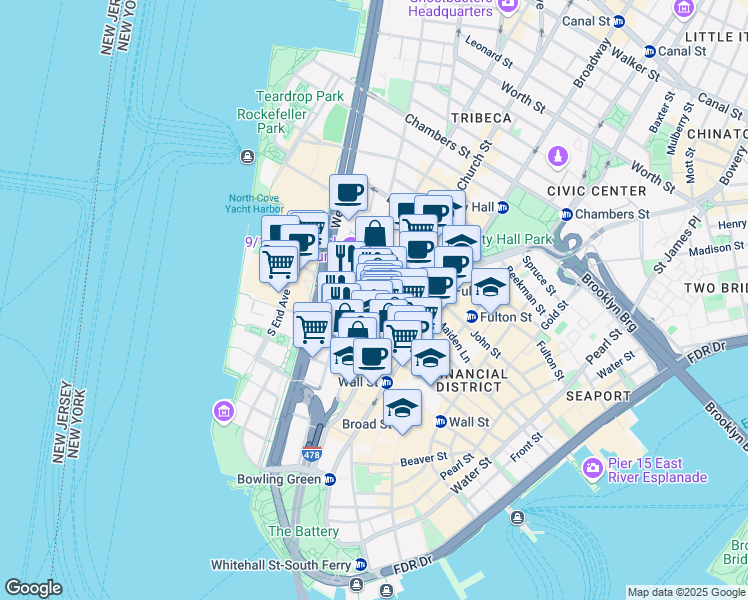 map of restaurants, bars, coffee shops, grocery stores, and more near 150 Greenwich Street in New York