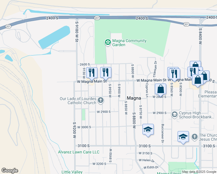 map of restaurants, bars, coffee shops, grocery stores, and more near 2748 South 8950 West in Magna
