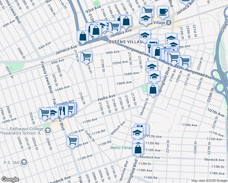 map of restaurants, bars, coffee shops, grocery stores, and more near 215-02 Hollis Avenue in Queens