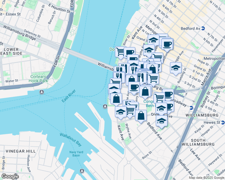 map of restaurants, bars, coffee shops, grocery stores, and more near 416 Kent Avenue in Brooklyn