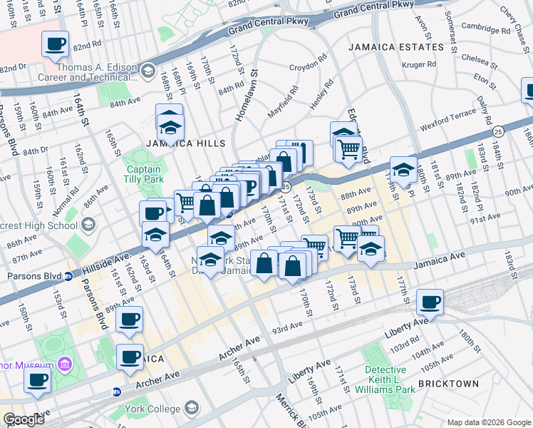 map of restaurants, bars, coffee shops, grocery stores, and more near 170-06 88th Avenue in Queens