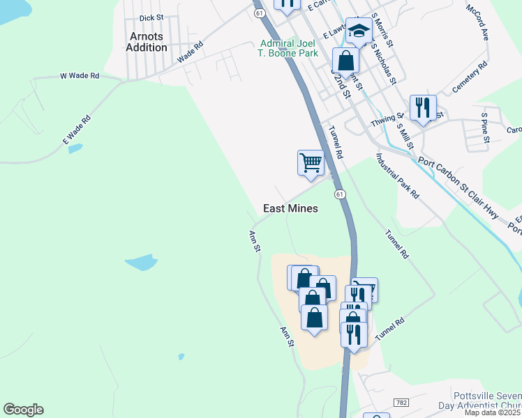 map of restaurants, bars, coffee shops, grocery stores, and more near 16 Ann Street in Pottsville