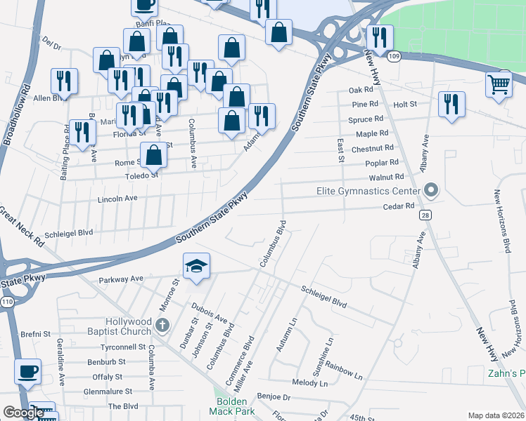 map of restaurants, bars, coffee shops, grocery stores, and more near 99 Cedar Road in Amityville