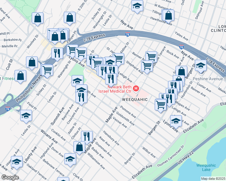 map of restaurants, bars, coffee shops, grocery stores, and more near 233 Weequahic Avenue in Newark