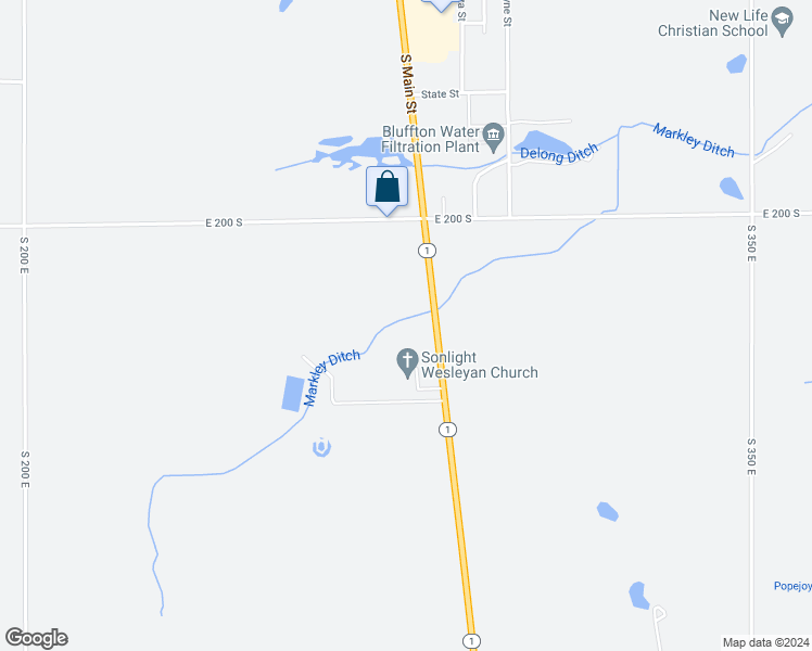 map of restaurants, bars, coffee shops, grocery stores, and more near 2216 Indiana 1 in Bluffton