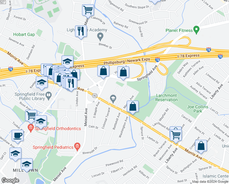 map of restaurants, bars, coffee shops, grocery stores, and more near 10 Alvin Terrace in Springfield