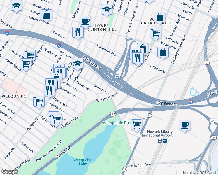 map of restaurants, bars, coffee shops, grocery stores, and more near 374 Hillside Avenue in Newark