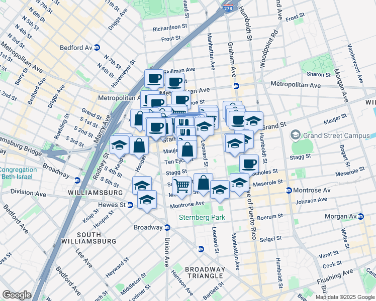 map of restaurants, bars, coffee shops, grocery stores, and more near 49 Ten Eyck Street in Brooklyn