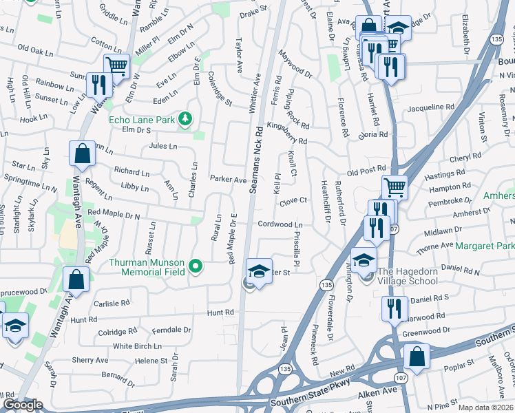 map of restaurants, bars, coffee shops, grocery stores, and more near 3816 Saries Court in Seaford