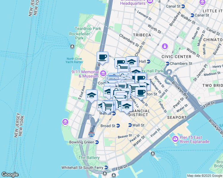 map of restaurants, bars, coffee shops, grocery stores, and more near 150 Greenwich Street in New York