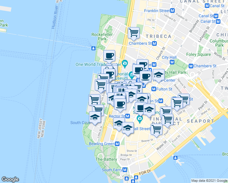 map of restaurants, bars, coffee shops, grocery stores, and more near 93 West Street in New York