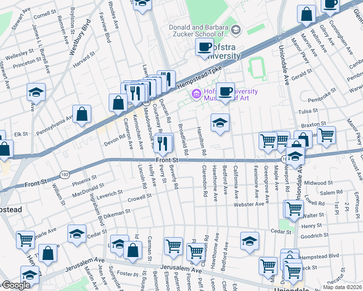 map of restaurants, bars, coffee shops, grocery stores, and more near 151 Duncan Road in Hempstead