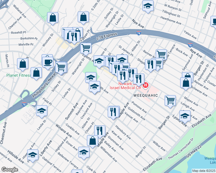 map of restaurants, bars, coffee shops, grocery stores, and more near 279 Goldsmith Avenue in Newark
