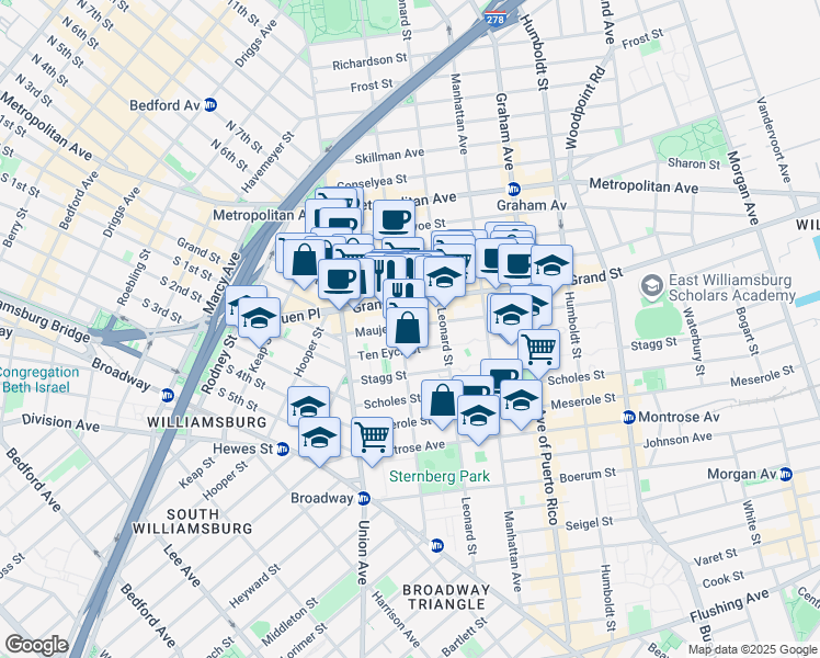 map of restaurants, bars, coffee shops, grocery stores, and more near 49 Ten Eyck Street in Brooklyn