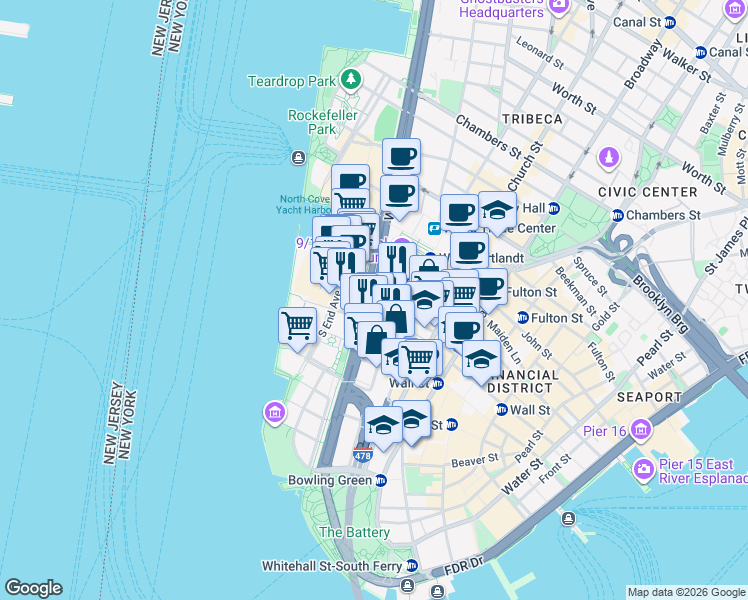 map of restaurants, bars, coffee shops, grocery stores, and more near 90 West Street in New York