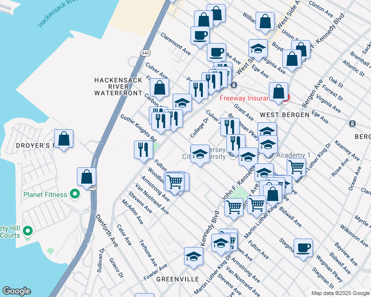 map of restaurants, bars, coffee shops, grocery stores, and more near 356 Stegman Parkway in Jersey City