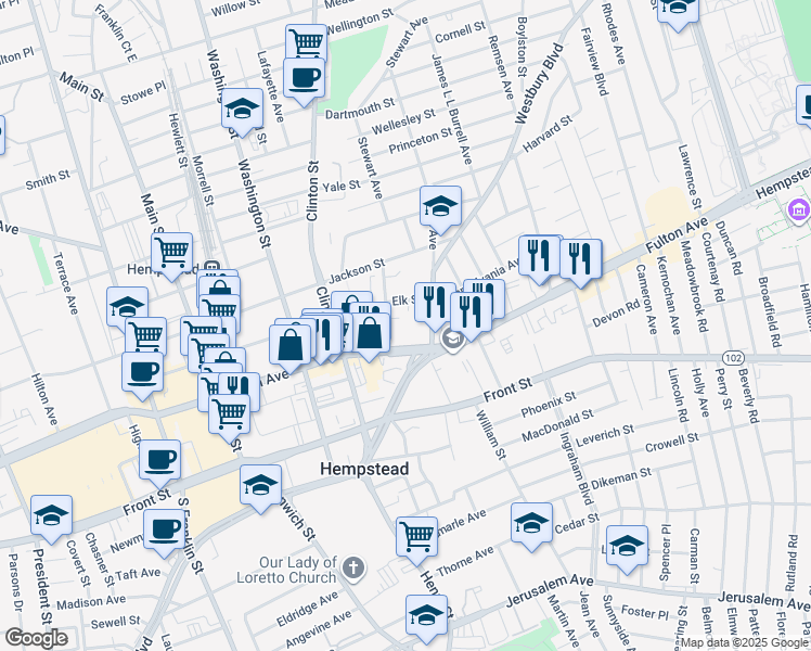map of restaurants, bars, coffee shops, grocery stores, and more near 451 Fulton Avenue in Hempstead