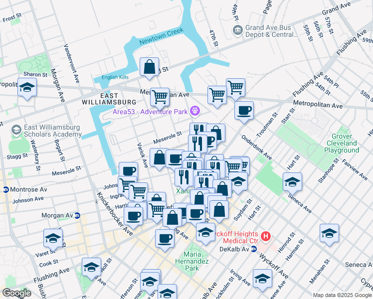 map of restaurants, bars, coffee shops, grocery stores, and more near 87 Gardner Avenue in Brooklyn