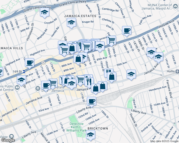 map of restaurants, bars, coffee shops, grocery stores, and more near 90-31 179th Place in Queens