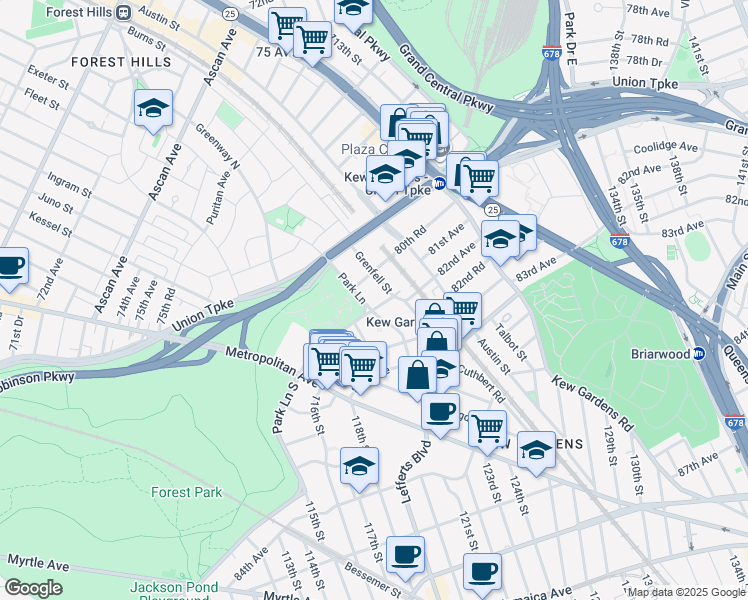 map of restaurants, bars, coffee shops, grocery stores, and more near 80-73 Park Lane in Queens