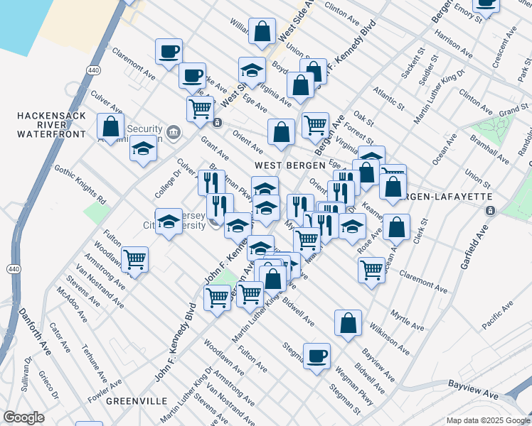map of restaurants, bars, coffee shops, grocery stores, and more near 239 Bergen Avenue in Jersey City