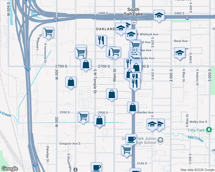 map of restaurants, bars, coffee shops, grocery stores, and more near 35 West Russett Avenue in South Salt Lake