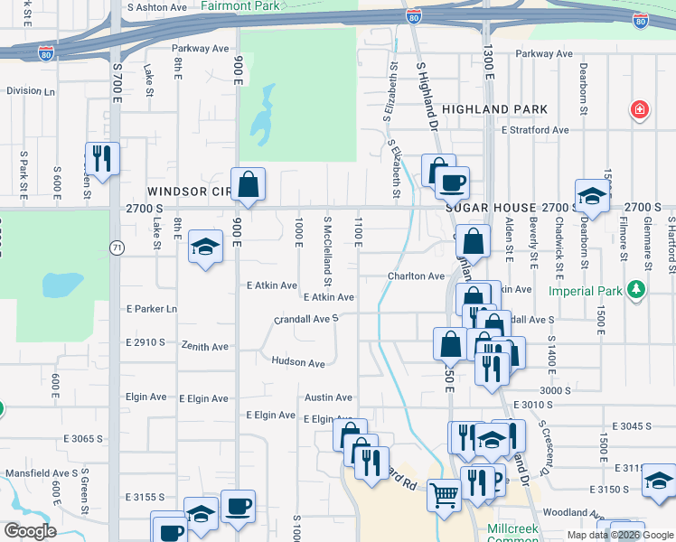 map of restaurants, bars, coffee shops, grocery stores, and more near 2813 South McClelland Street in Salt Lake City