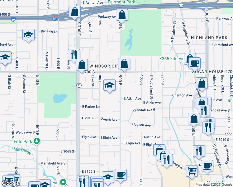 map of restaurants, bars, coffee shops, grocery stores, and more near 2813 South 900 East in Salt Lake City