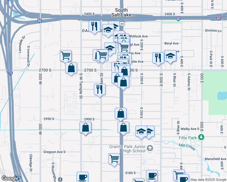 map of restaurants, bars, coffee shops, grocery stores, and more near in South Salt Lake