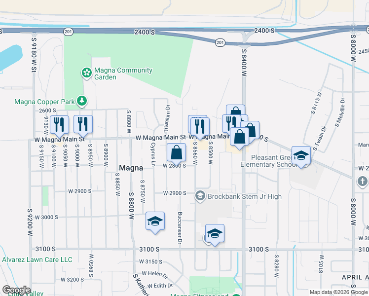 map of restaurants, bars, coffee shops, grocery stores, and more near 2750 South 8560 West in Magna