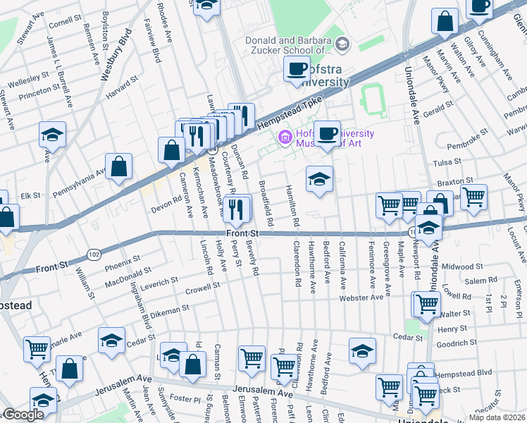 map of restaurants, bars, coffee shops, grocery stores, and more near 151 Duncan Road in Hempstead