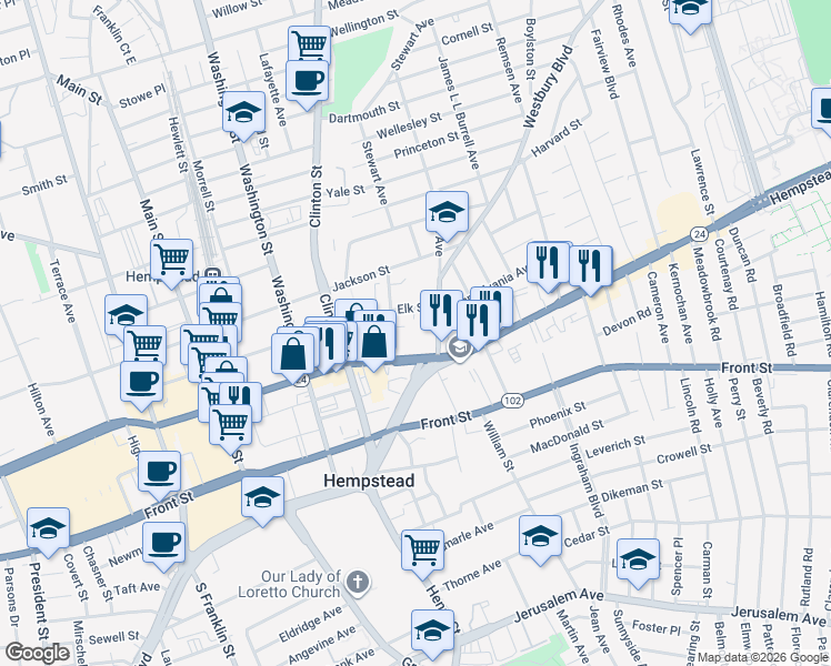 map of restaurants, bars, coffee shops, grocery stores, and more near 451 Fulton Avenue in Hempstead