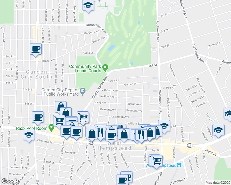 map of restaurants, bars, coffee shops, grocery stores, and more near 141 Arden Boulevard in West Hempstead