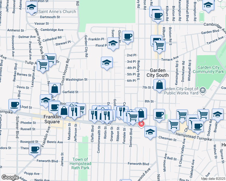 map of restaurants, bars, coffee shops, grocery stores, and more near 125 Daffodil Avenue in Franklin Square