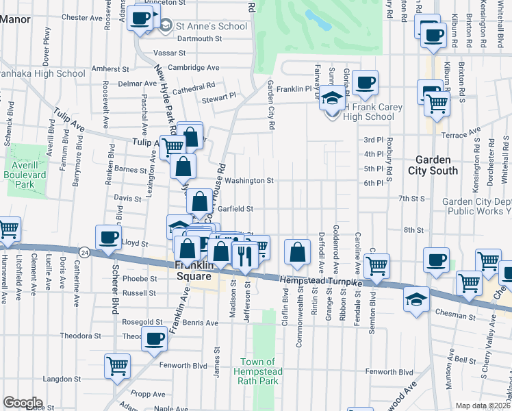 map of restaurants, bars, coffee shops, grocery stores, and more near 132 Monroe Street in Franklin Square