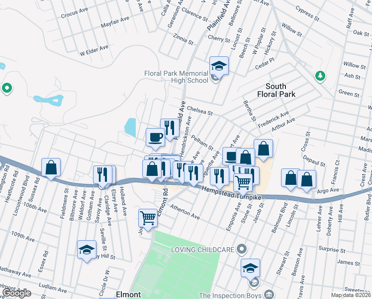 map of restaurants, bars, coffee shops, grocery stores, and more near 63 Carnegie Avenue in Elmont