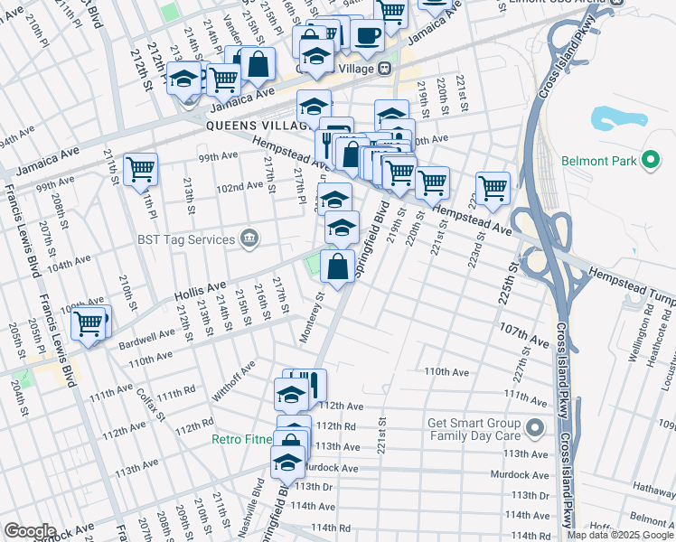 map of restaurants, bars, coffee shops, grocery stores, and more near 107-17 Monterey Street in Queens